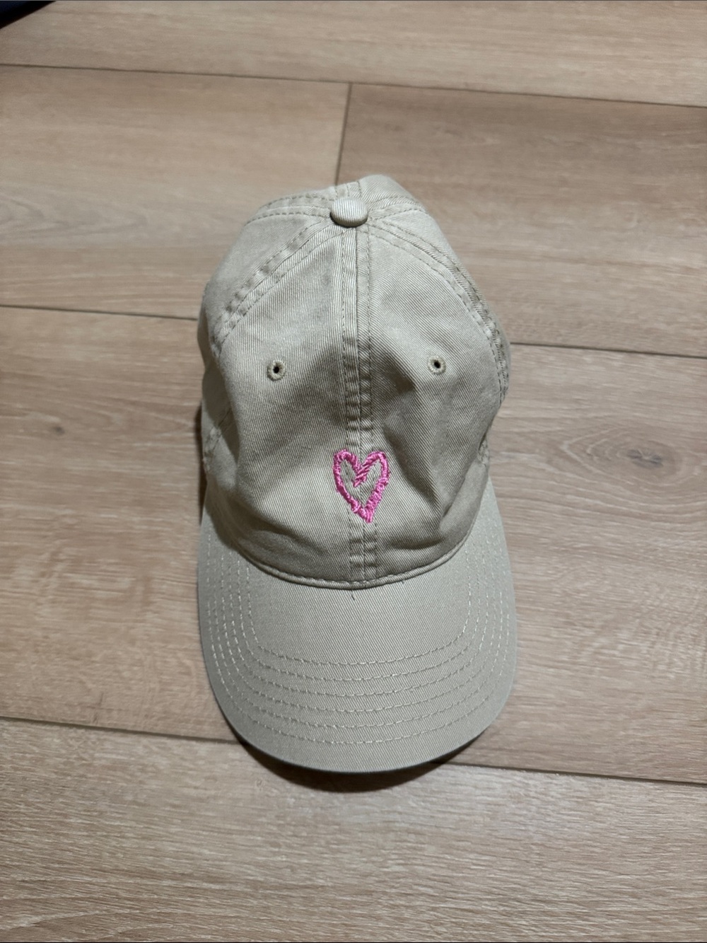 Kerri Rosenthal Beige Baseball Cap with Pink Heart Embroidery